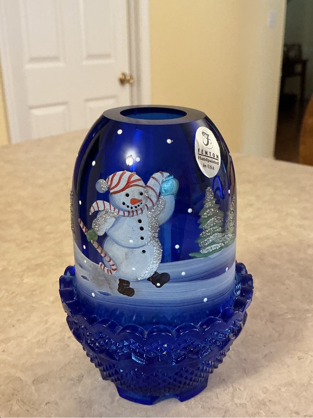 Fenton Cobalt Blue Hand-Painted Snowman Lantern